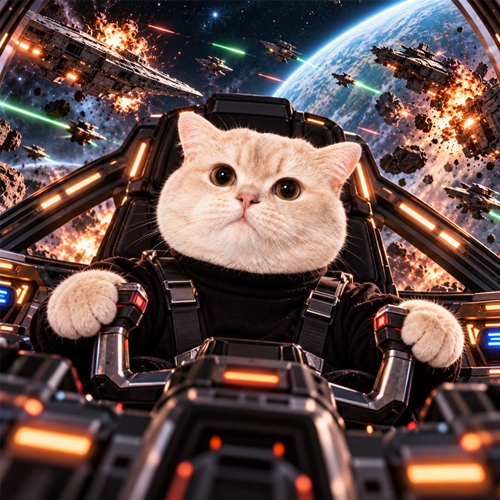 A cream cat in a black flight suit at the controls of a cockpit, with a space battle outside the canopy
