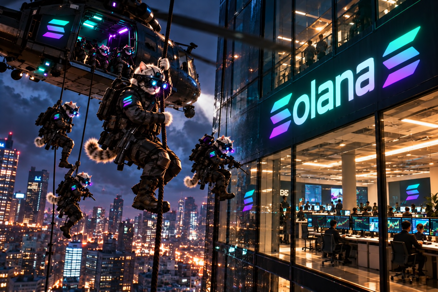 Tactical cats in night gear rappelling from a helicopter beside a glass tower lit with the Solana mark