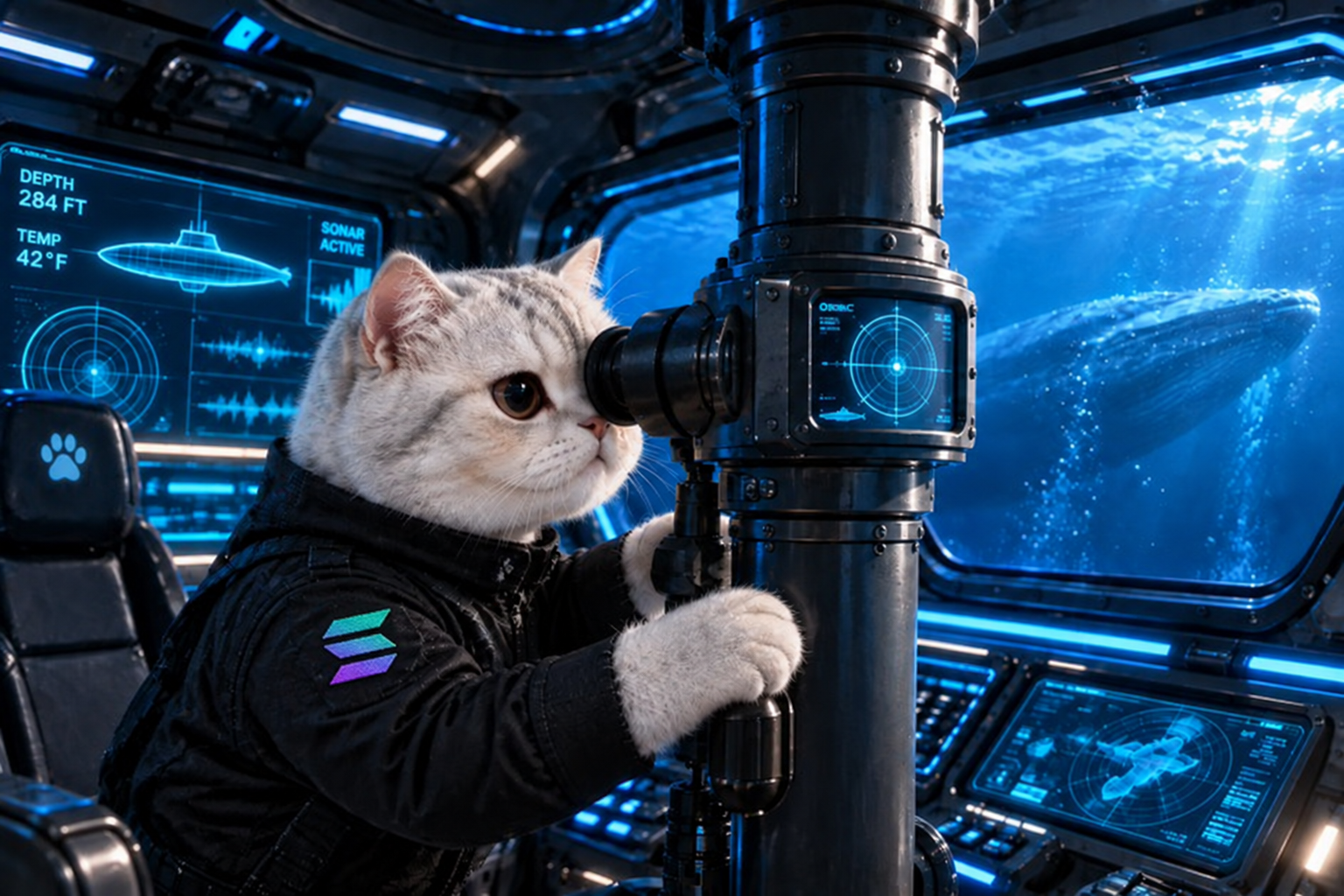 A cream cat in a black jacket at a periscope inside a blue submarine, watching a whale outside